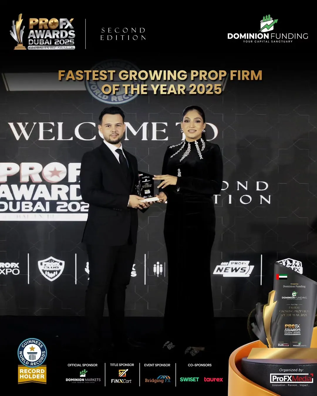 Dominion Funding receiving the Fastest Growing Prop Firm of the Year award at PROFX Awards Dubai 2025
